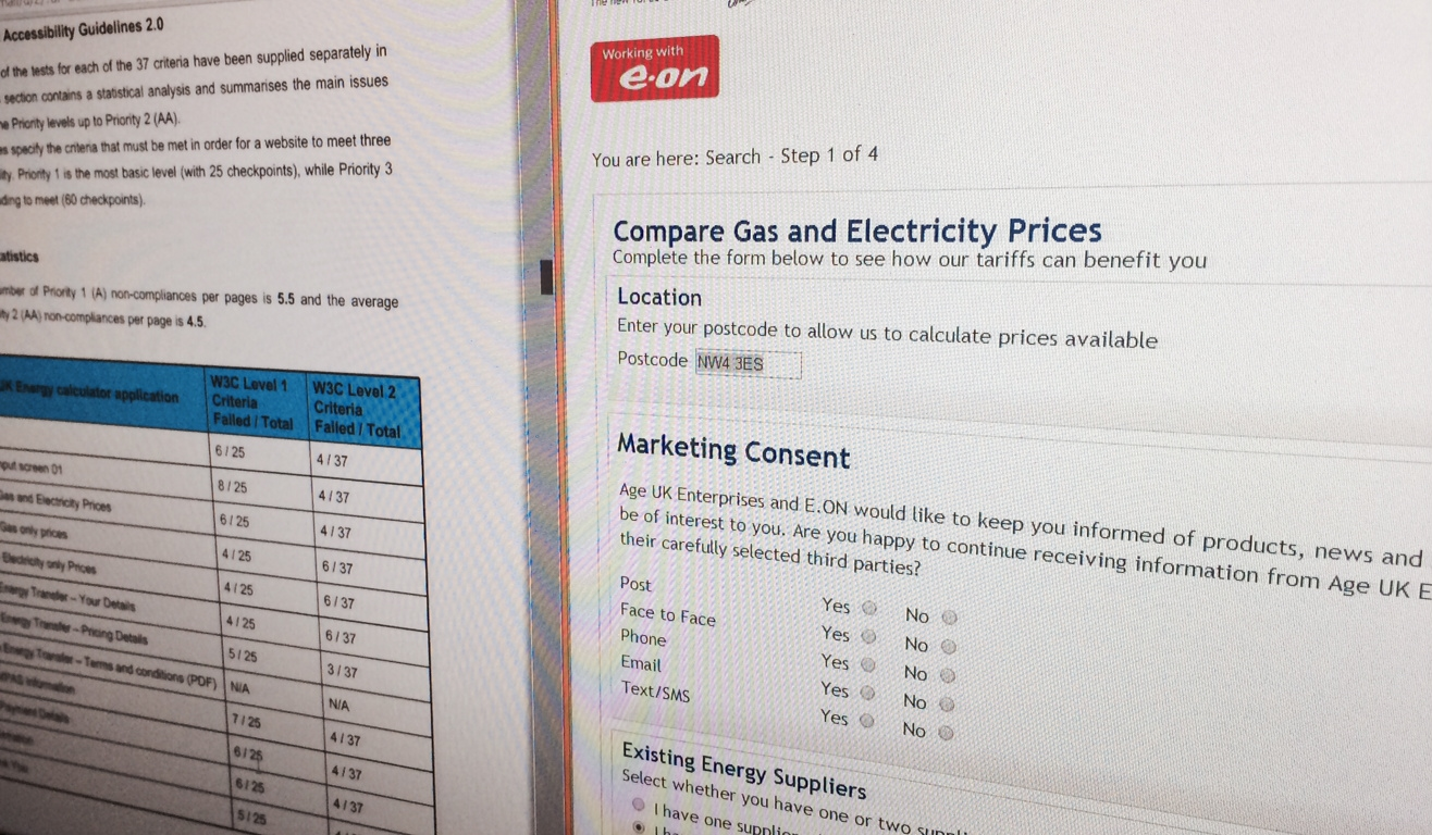 Computer screen with E.ON website testing against WCAG accessibility requirements.