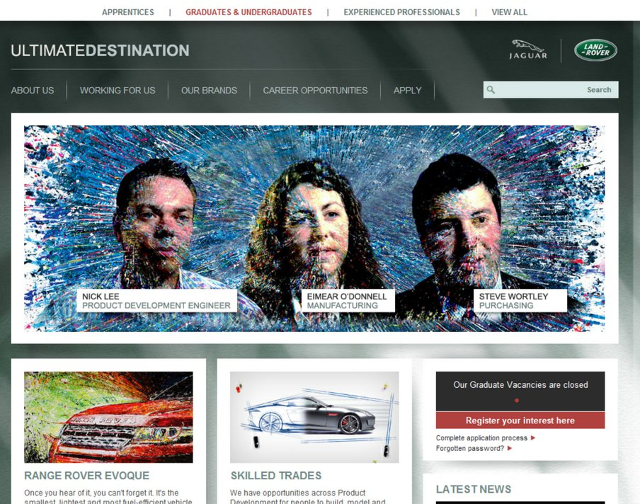 A screenshot of Jaguar Land Rover careers website.