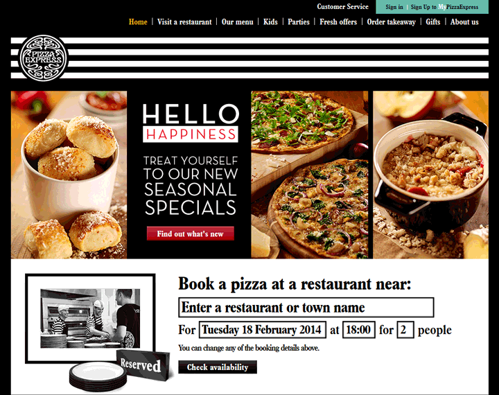 A screenshot of Pizza Express website.