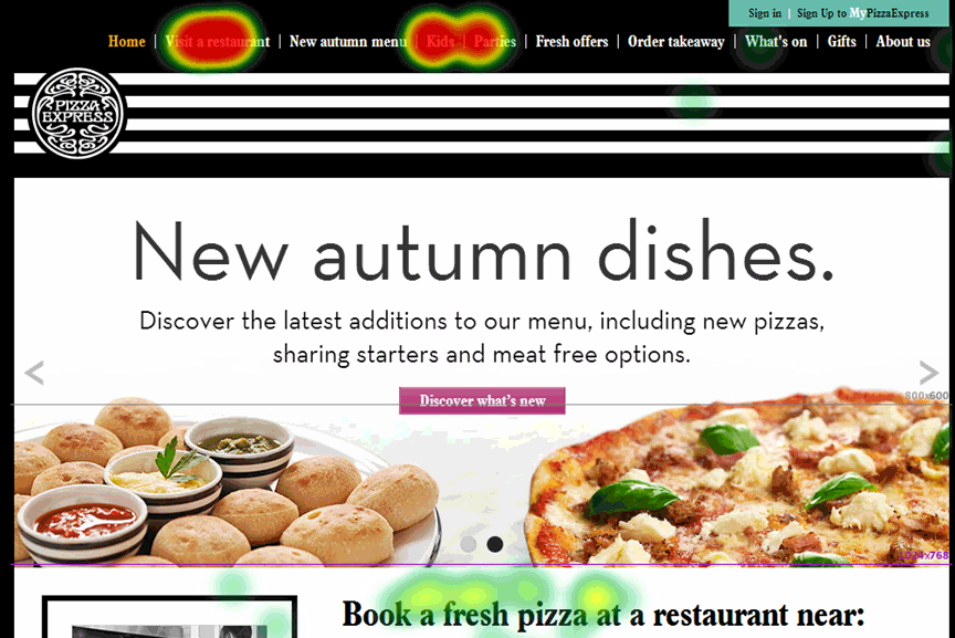  A screenshot of Pizza Express website heat mapping.